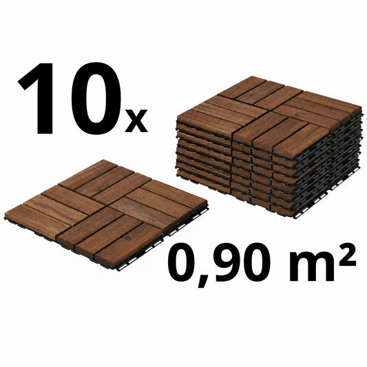 Houten Terrastegels - 12 Latjes - Acaciahout - Donkerbruin - 10 Stuks - 0,90 m²